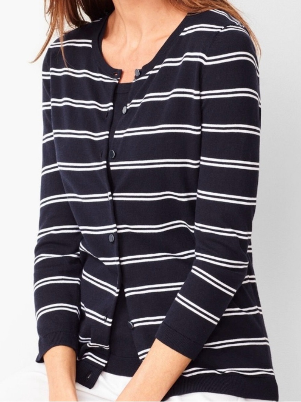 Talbots Charming Cardigan Double Stripe Navy White Preppy Coastal Sweater Small
